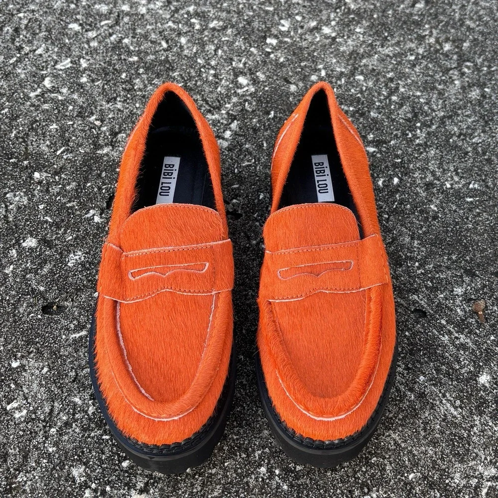 RARE!! Orange Calf Hair Chunky Penny Loafers W7 | 37 Anthropologie Bibi Lou Jaya